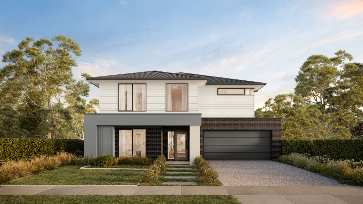 A modern home exterior with large windows and a yard.