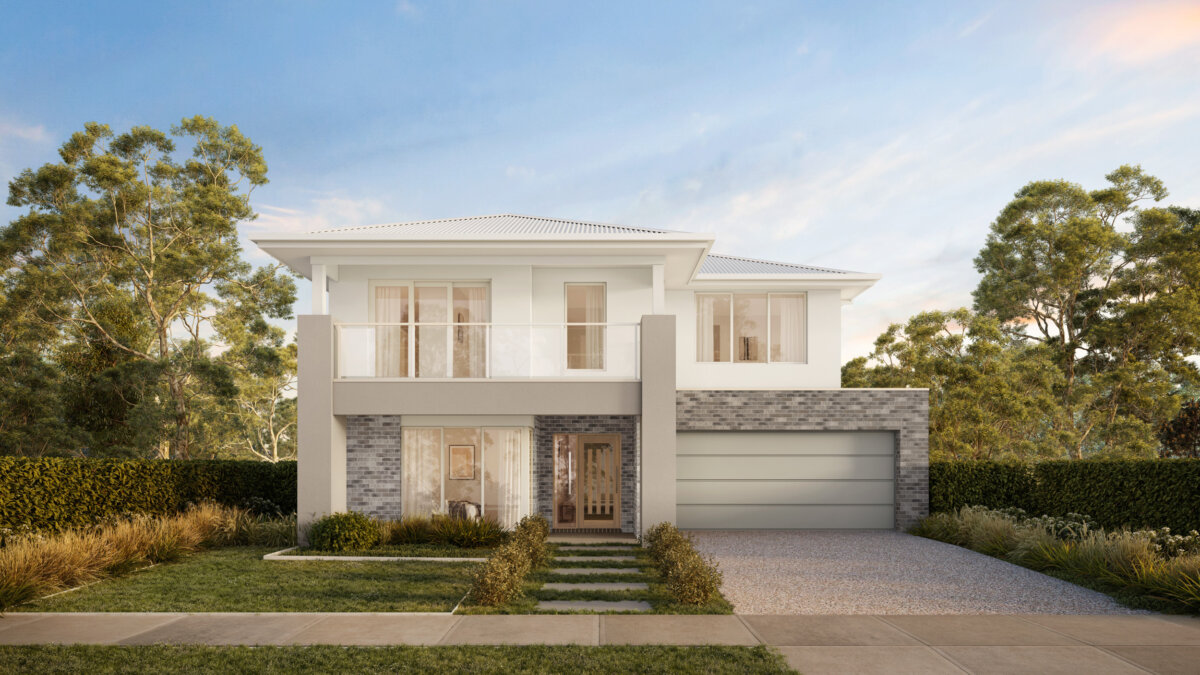 Exterior shot of a stylish house with a modern architectural design.